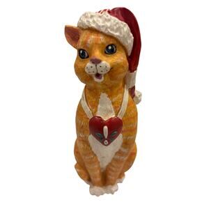 KURT S. ADLER Yellow Tabby Christmas Cat Red Hat Heart Necklace Resin Figurine
